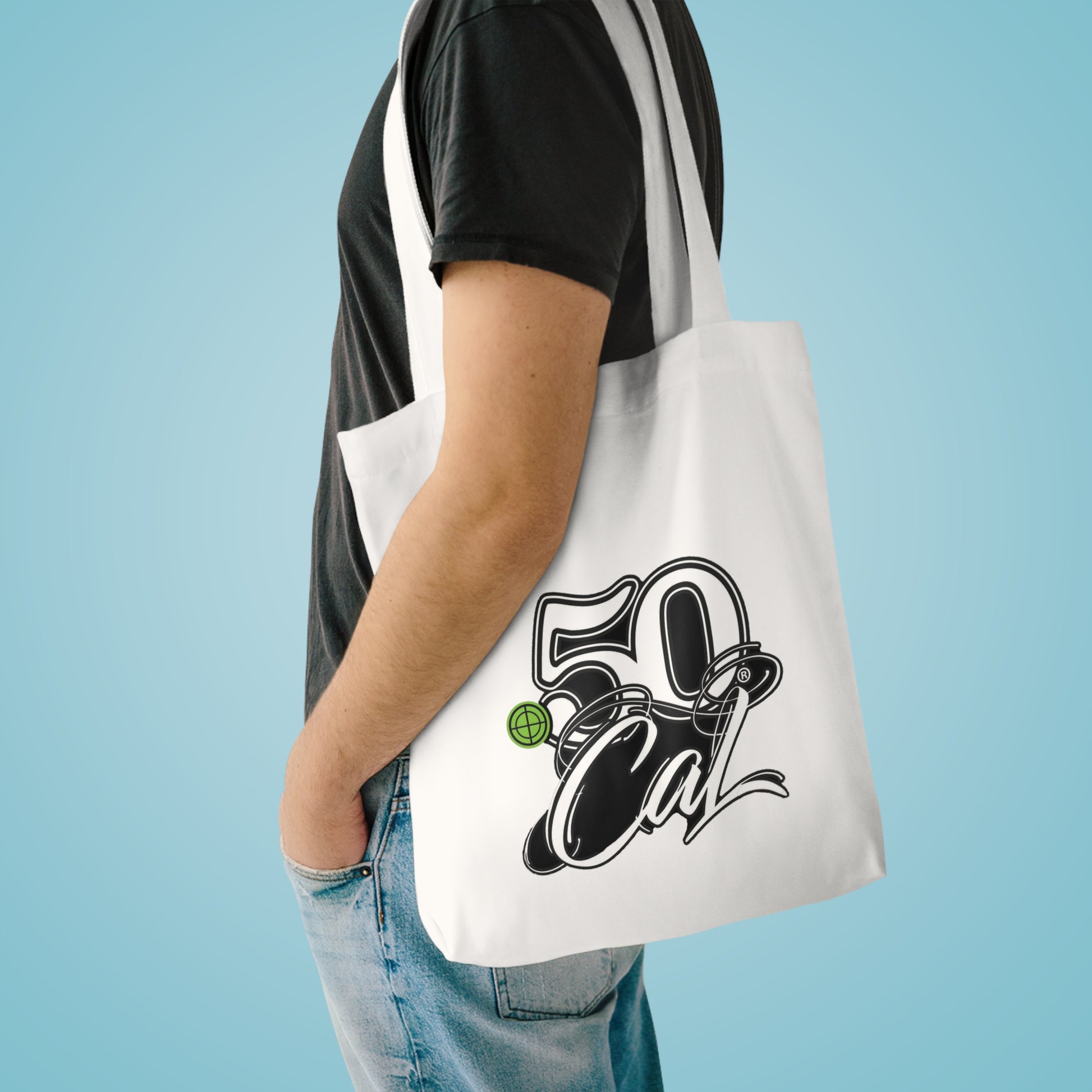 Stylish Cotton Tote Bag - 50 Cal Design, Eco-Friendly Carryall, Grocery Shopping Bag, Beach Tote, Gift for Him/Her
